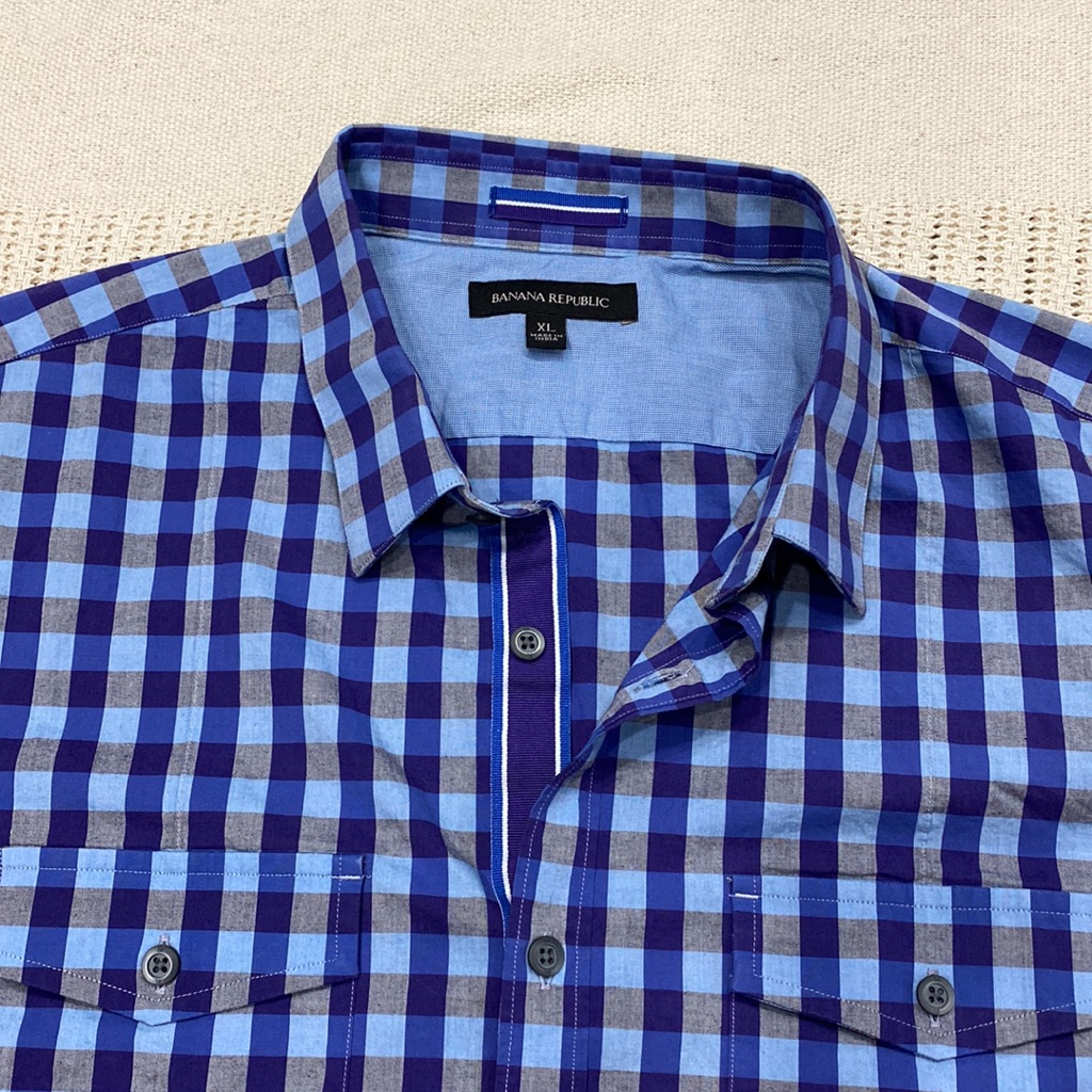Banana Republic 97% Cotton Plaid Blue Purple Buttons Down Shirt Men's Size Xl !!